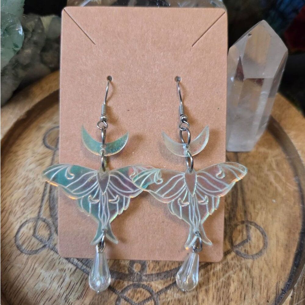 Iridescent Luna Moth & Crescent Moon Dangle Earrings